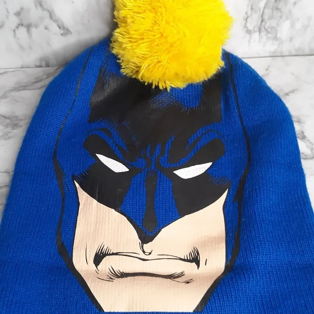 DC Comics Batman Beanie Hat Kids‎ S/M 4-7Y Blue Yellow Pom Pom Graphic Knit